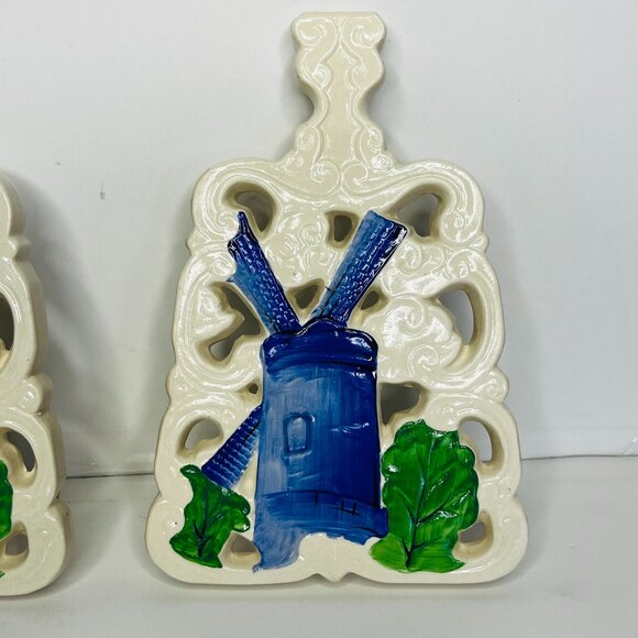 Fred Roberts Co. Porcelain Dutch Windmill Design Set 2 Ceramic White Blue Green - Picture 5 of 12